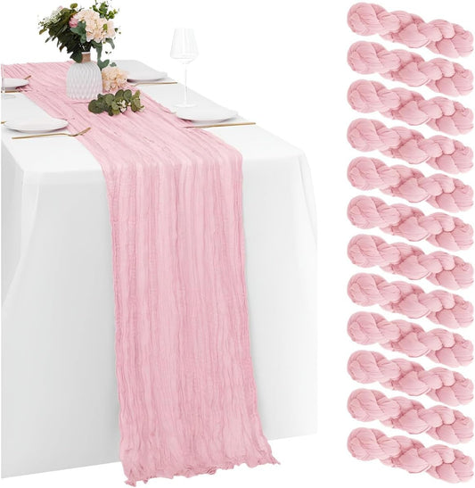 12Pcs Rubber Powder Cheesecloth Table Runner 120 Inch10FT Dust Powder Rustic Boho Cheesecloth Table Runnerfor Wedding Party Baby Shower Birthday Home Decor Holiday Decorations