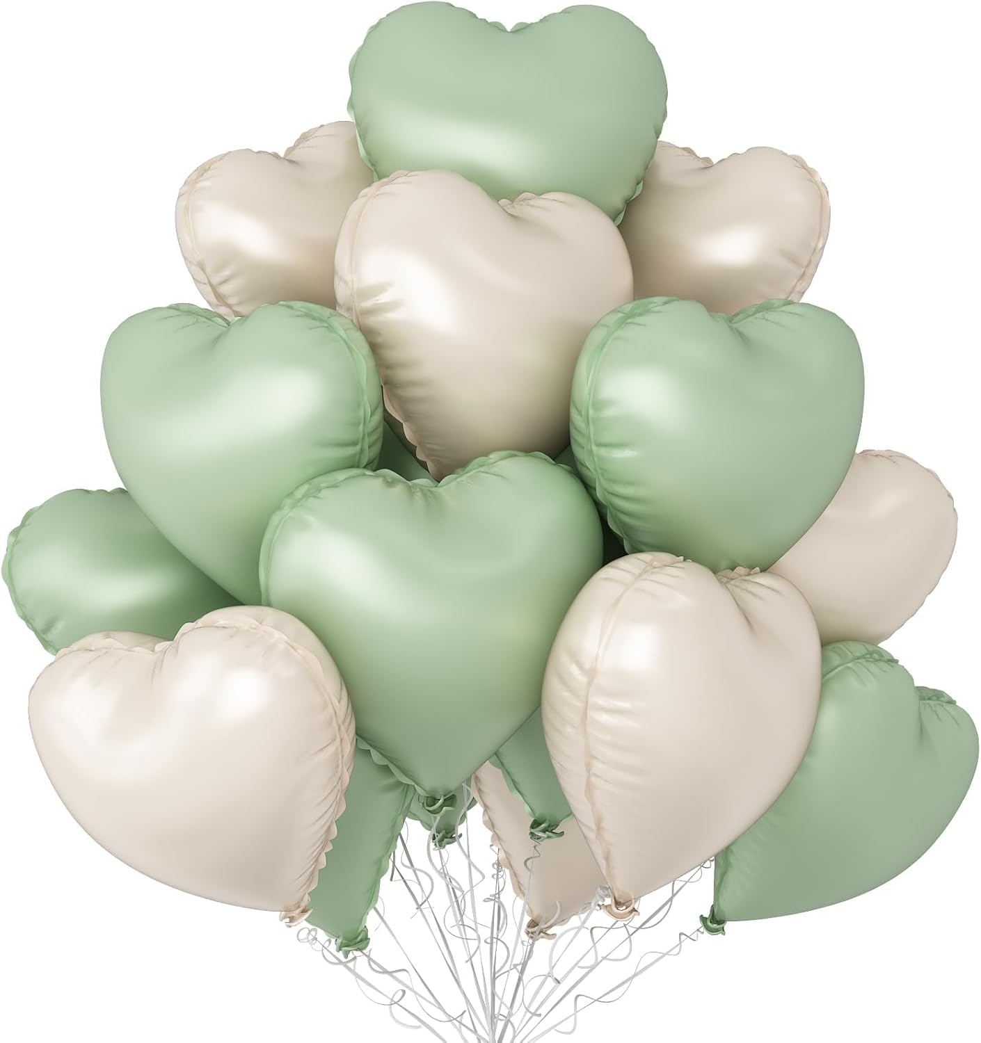 Sage Green White Heart Balloons,12Pcs 18 Inch Oliver Green Cream Foil Love Heart Shaped Balloons for Baby Shower Birthday Party Bridal Engagement Wedding Anniversary Valentines Day Decorations