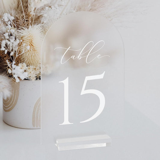 JINMURY Frosted Arch Table Numbers for Wedding, 5x7 Inch Arched Acrylic Table Numbers 1-15 with Stands, Frosted Acrylic Arch Sign with Holder for Centerpiece, Reception, Wedding, Party, Event