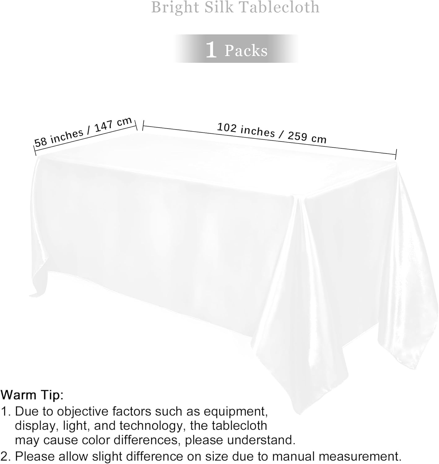 TURSTIN 1 Pack White Satin Tablecloth 102 x 58 Inch Overlay Satin Table Cover Rectangle Bright Silk Tablecloth Smooth Fabric Table Decoration for Wedding Banquet Party Events