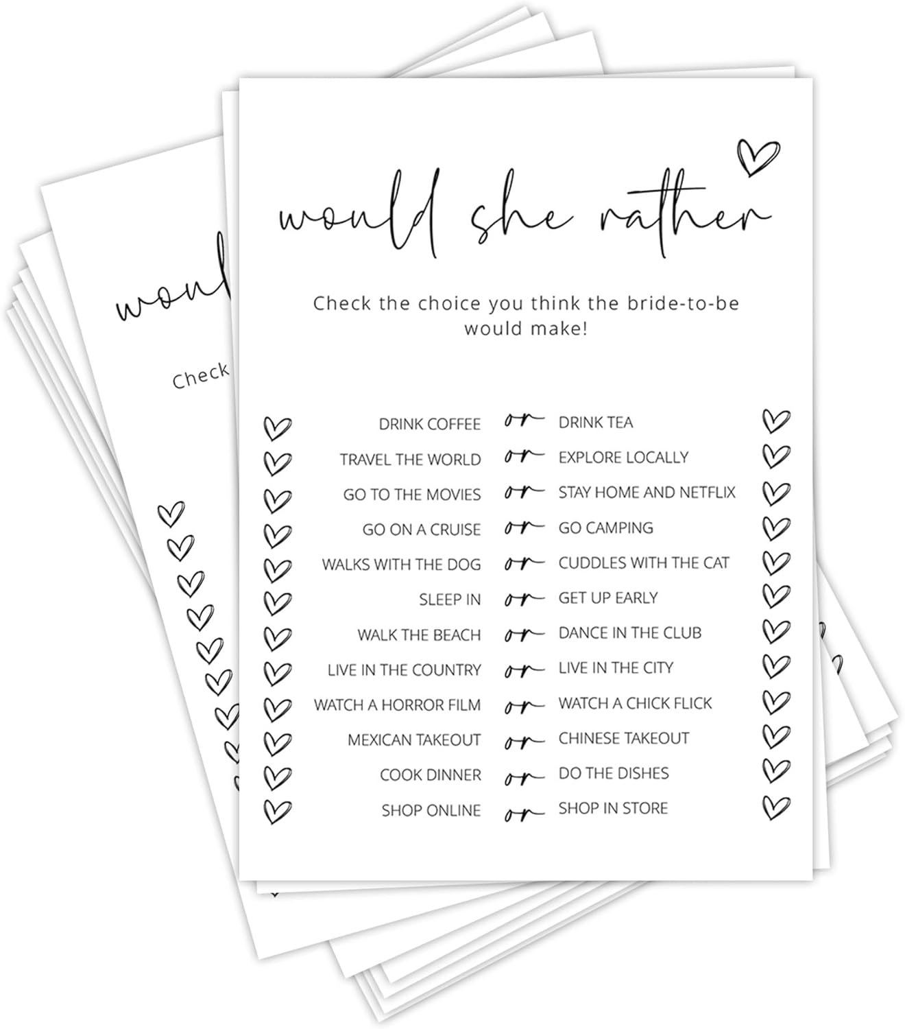 Bridal Shower Games, Would She Rather, 25Pcs Minimalist White Double-Sided Bridal Game Cards, Wedding Shower Games for Guests, Engagement Bachelorette Party Supplies - A15