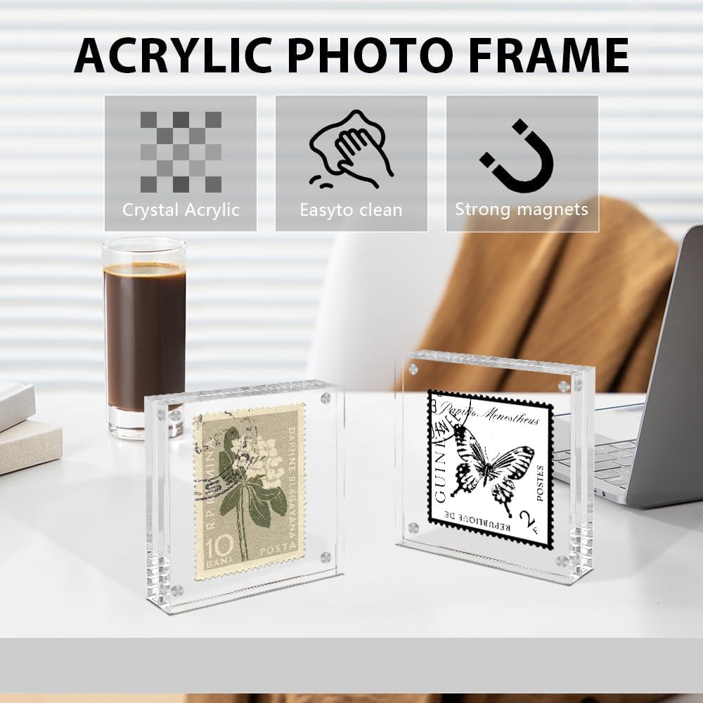 4 Pack Square Acrylic Picture Frames 4x4 Clear Photo Frame Business Card Frame Magnetic Picture Frames Desktop Display Double Sided Wallet Size Acrylic Freestand Frames
