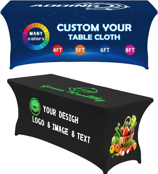 Custom Table Cloth with Business Logo 4FT 5FT 6 FT 8 FT Spandex Customized Table Cover Stretch for Tradeshow Events Birthday Wedding Anniversary Mantel Personalized Table Cloth (8FT)