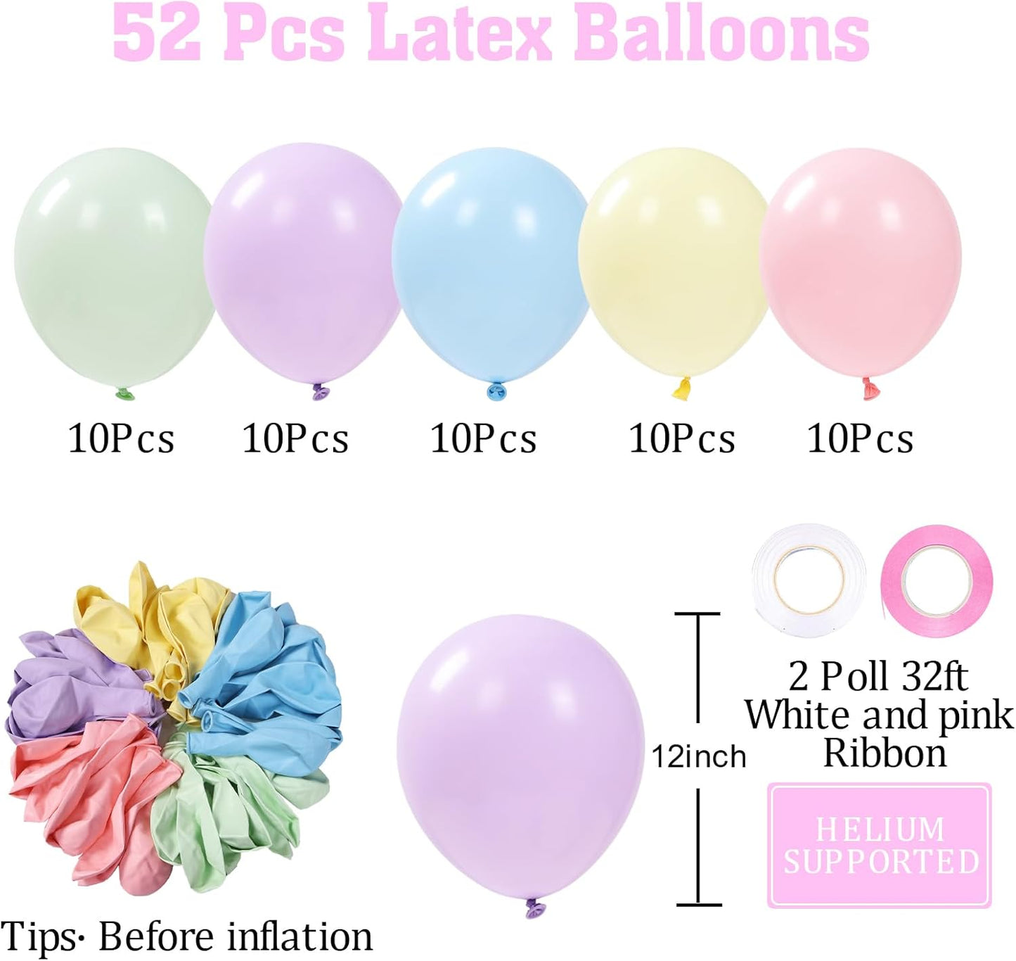 Patimate Pastel Balloons Set, 50 pcs 12 inch Rainbow Multicolor Pink Purple Green Yellow Blue Macaron Latex Balloons Kit for Birthday Baby Shower Bridal Shower Party Decorations