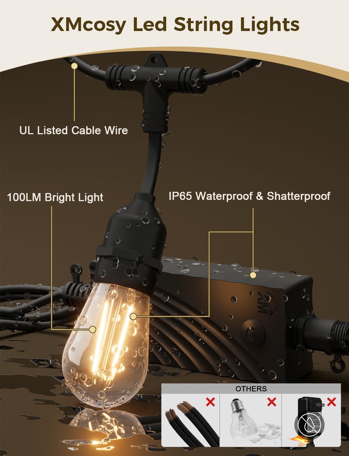 XMCOSY+ Smart Outdoor String Lights, 98Ft LED Patio Lights Waterproof IP65, App Control, Compatible with Alexa, Dimmable Edison Bulbs Outdoor Light for Yard Porch Bistro Outside