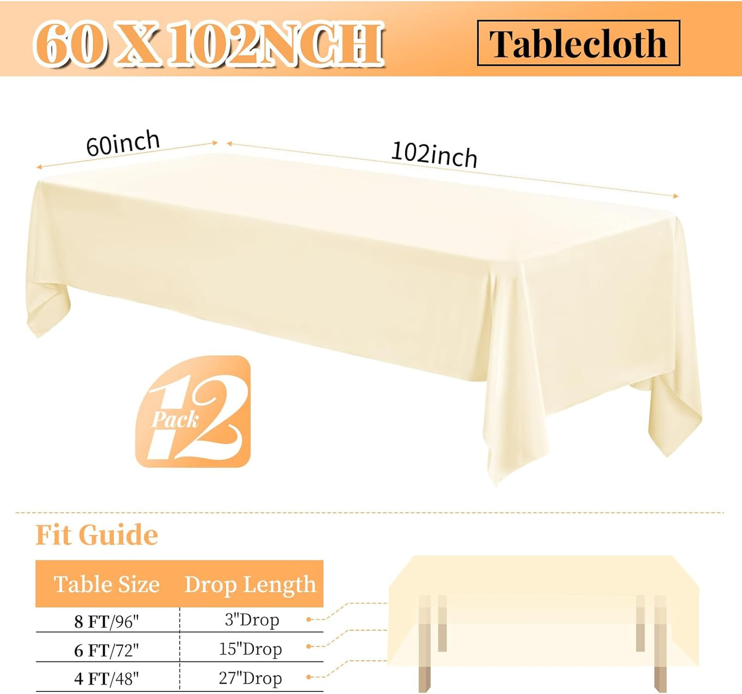 12 Pack 60 x 102 Inch Rectangle Tablecloth, Beige Tablecloth for 6 Feet Rectangle Tables, Stain and Wrinkle Resistant Washable Fabric Table Cloth for Wedding Dining Table Buffet Parties Camping