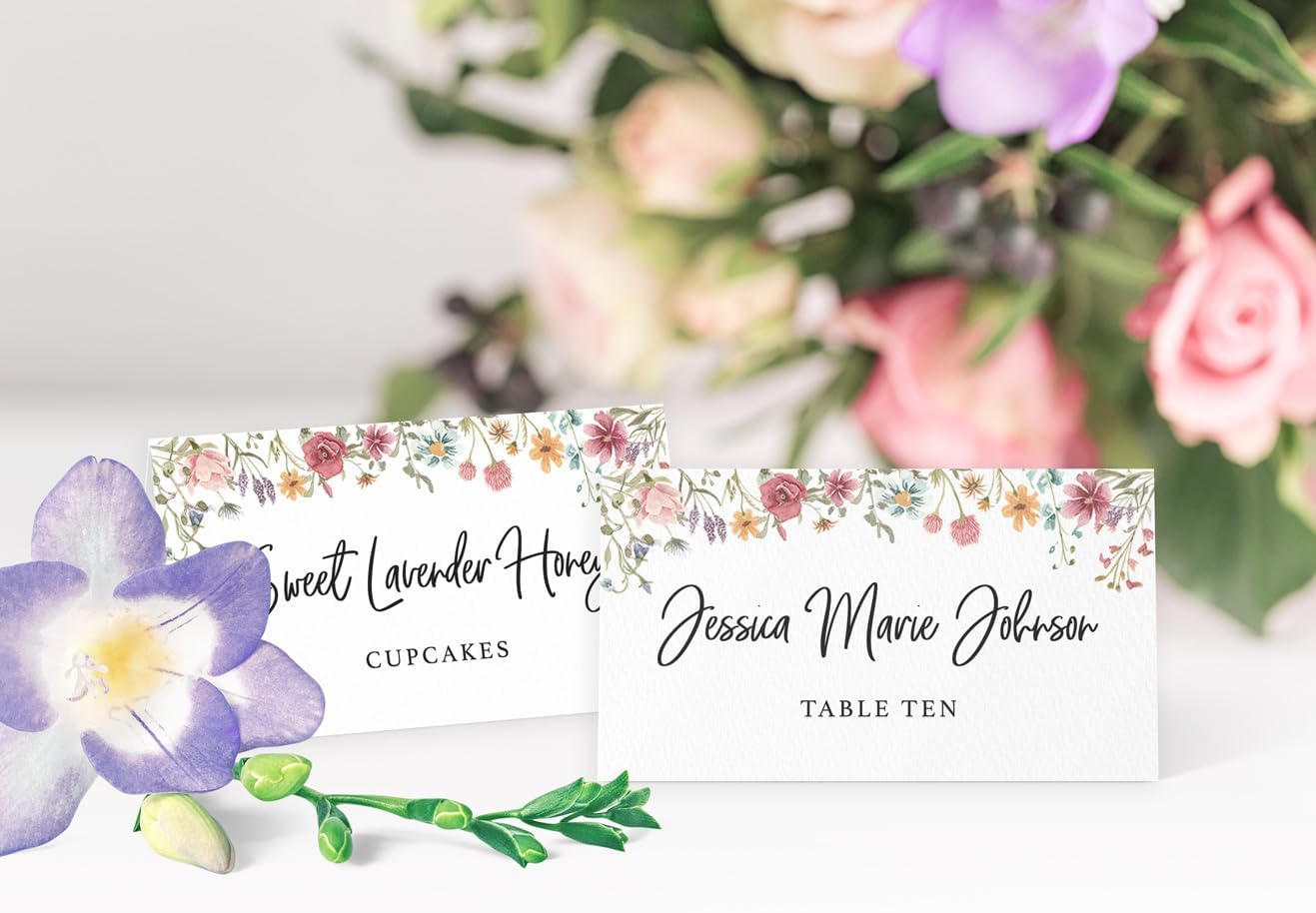 Printed Party Place Cards for Table Setting – Set of 25 Blank Name Cards – Wildflower Design for Weddings, Bridal Showers, Baby Showers, and Dinner Parties