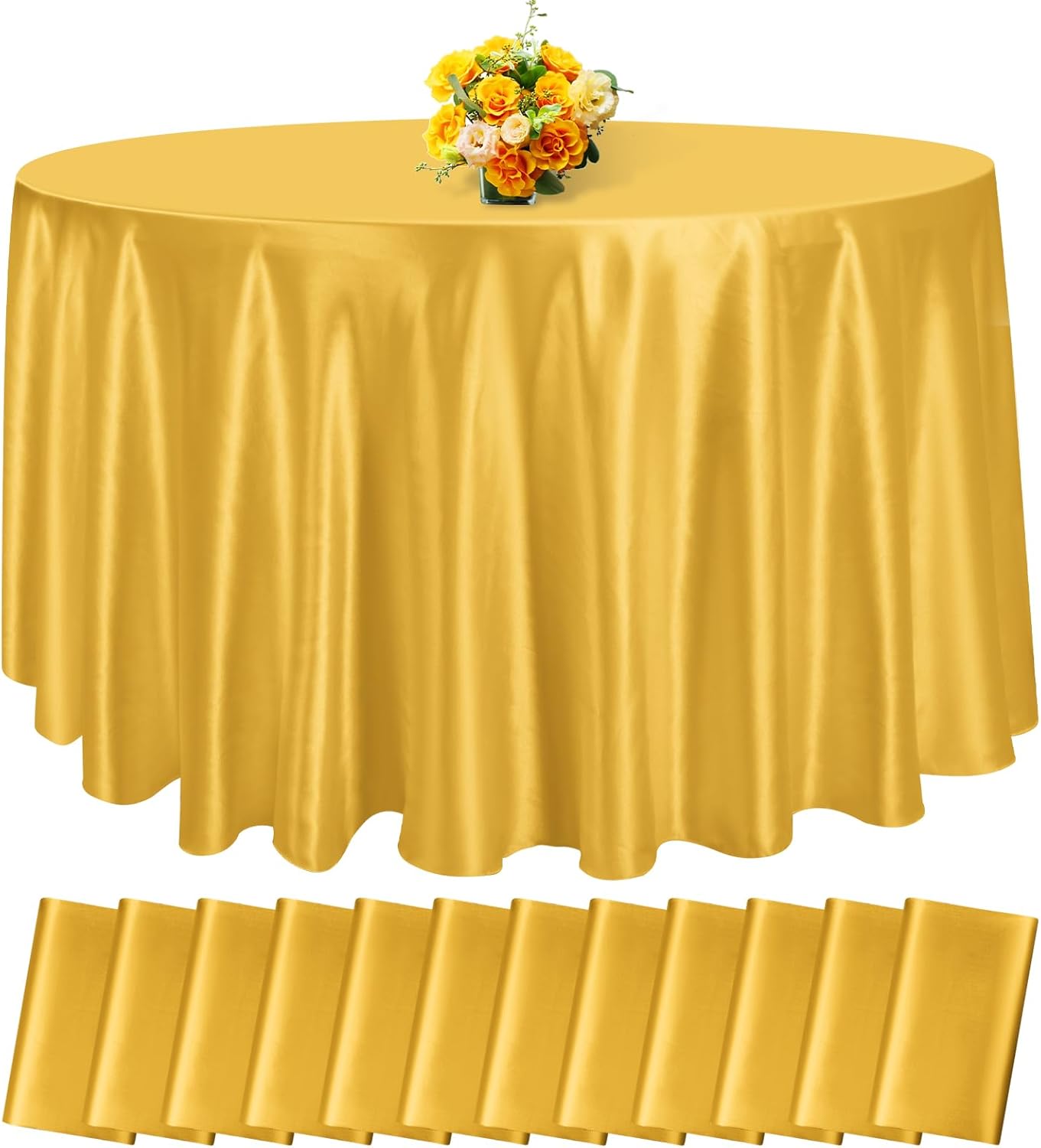 12 Pack 108 Inch Gold Satin Tablecloth - Silky Round Tablecloth Overlay Smooth Fabric Table Cover, Bright Table Decoration for Wedding Party Banquet Events Restaurant Kitchen Dining