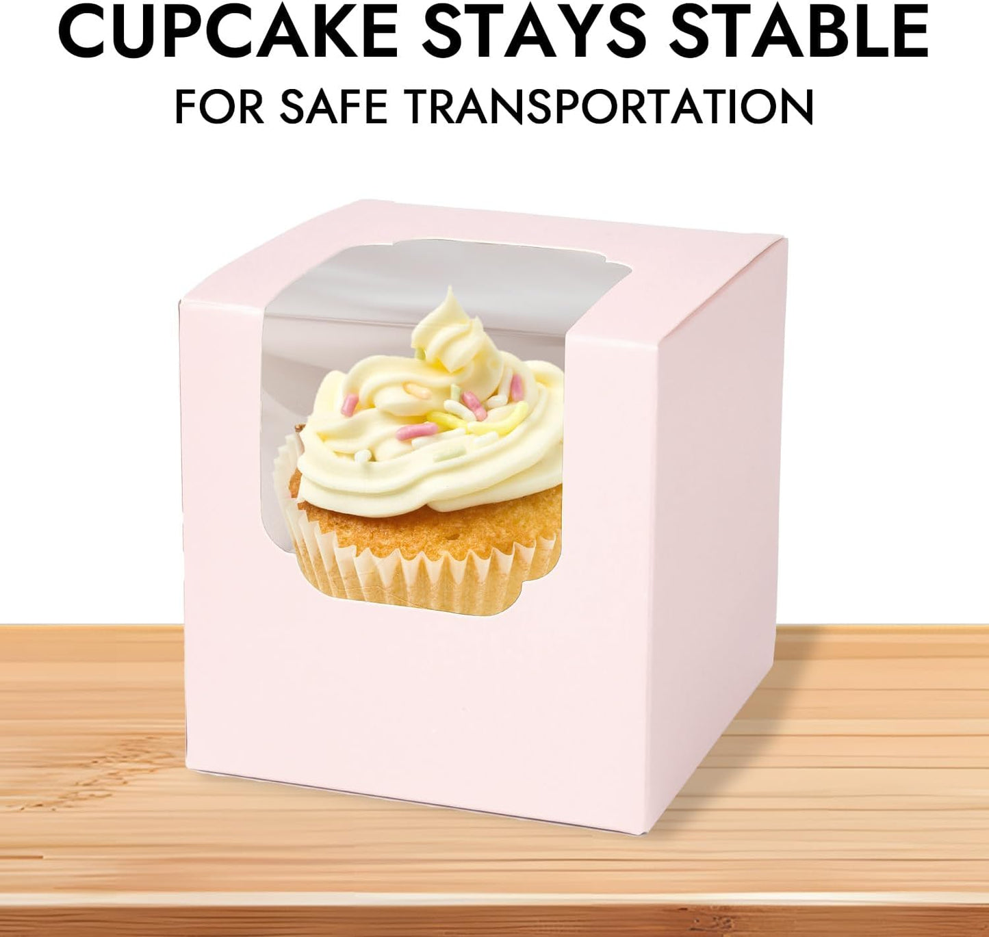 JCD 120 Pcs Individual Pink Cupcake Box with Insert, Cupcake Boxes Auto-pop up Individual Cupcake Container Brown PINK 3.5" x 3.5" x 3.5" Single Cupcake Boxes(Pink/120Pcs)
