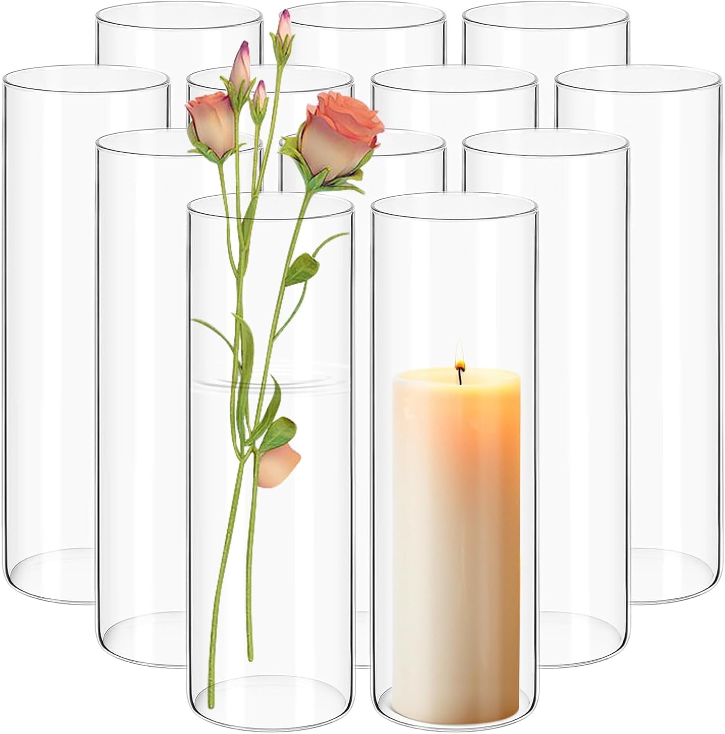 12Pack Glass Cylinder Vases for Centerpieces - 10 Inch Tall Flower Vase for Wedding Decorations, Floating Candle Holder Vase Bulk,Glass Hurricane Candle Holders for Table Shelf, Party, Home Decor