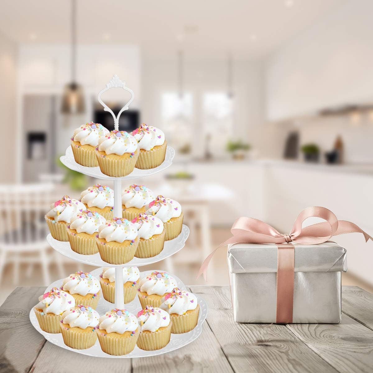 Coitak 3 Tier Cupcake Stand, Plastic Tiered Serving Stand, Dessert Tower Tray for Tea Party, Baby Shower and Wedding (Pure White) (Plastic)