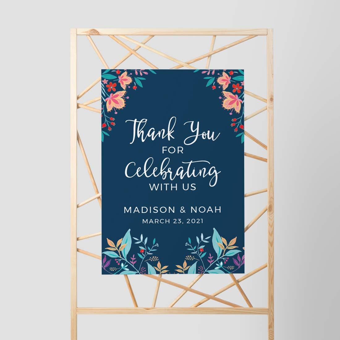 Andaz Press Personalized Extra Large Wedding Easel Board Party Sign, 12x18-inch, Vintage Bohemian Flowers on Navy Blue, Thank You for Celebrating With Us Bride Groom Name Date, 1-Pack, Custom