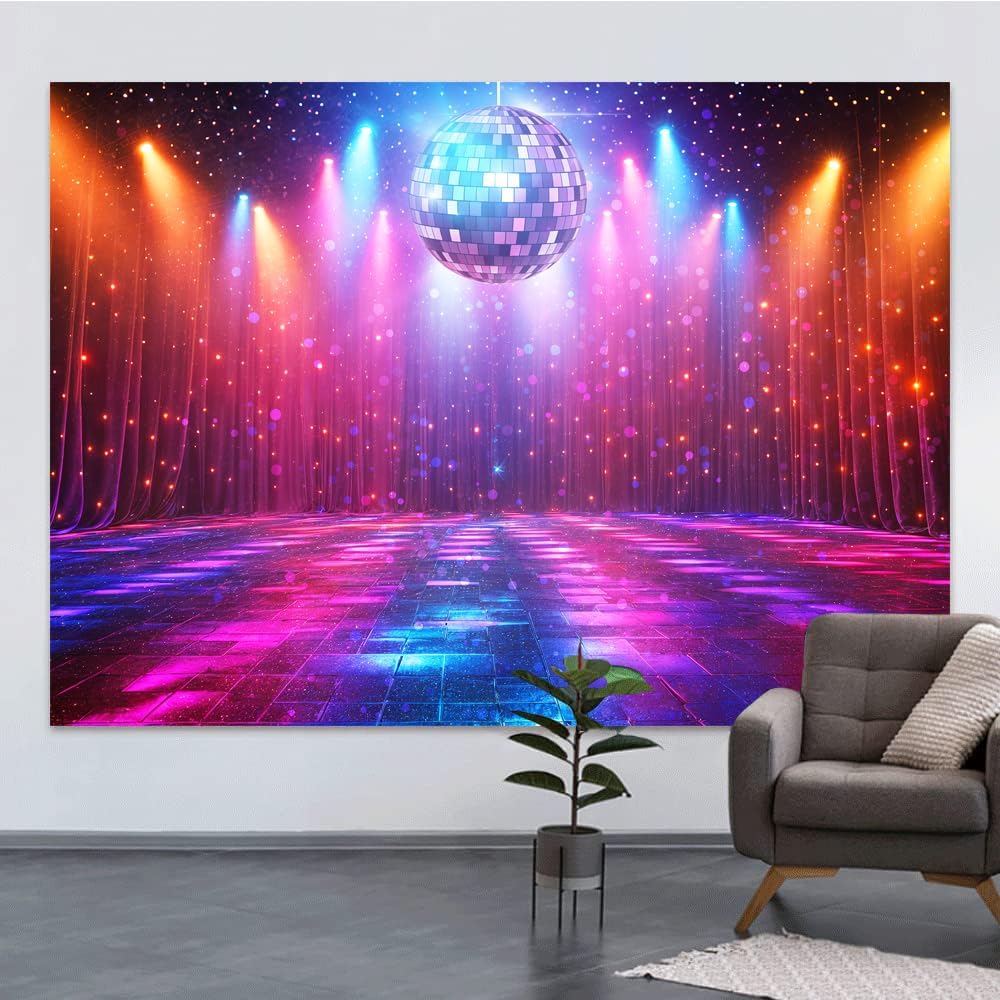 Disco Decorations Backdrop, Retro Glow Party 70s 80s 90s Theme Stage Dance Background Disco Party Decoration, Polyester Banner PartyBackdrop for Birthday Prom Portrait Photo Props 5x3ft