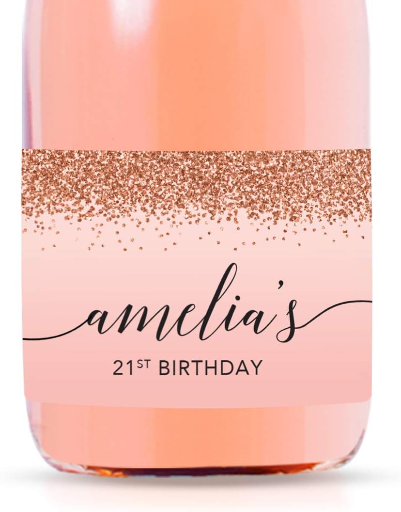 Andaz Press Personalized Mini Champagne Wine Bottle Labels, Birthday Blush Pink Faux Rose Gold Glitter Elegant, 20-Pack, Custom Champagne Bottle Labels 21St Birthday Wine Bottle Labels Birthday Labels