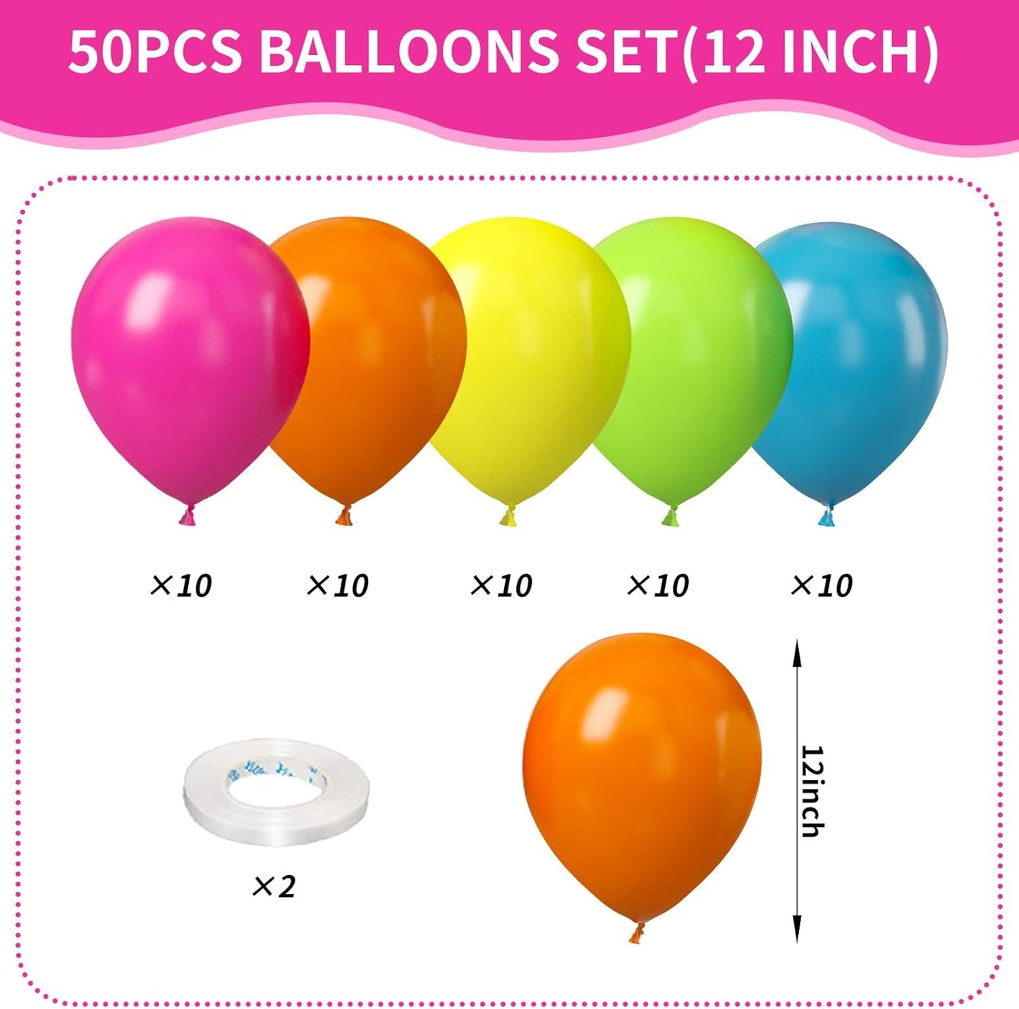 Rainbow Balloons, 50Pcs 12 Inches Yellow Orange Hot Pink Lime Green Neon Balloons Multicolor for Kids Colorful Rainbow Birthday Tropical Pool Party Supplies Baby Shower Backdrop Decorations