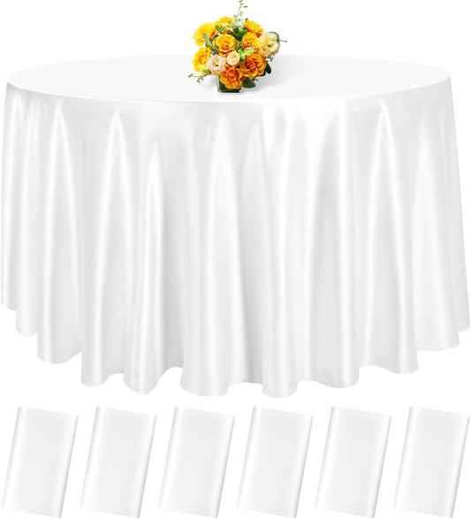 6 Pack 120 Inch White Round Tablecloth - Premium Silky Satin Tablecloth Overlay Smooth Fabric Table Cover Linens, Table Decoration for Wedding Party Banquet Events Restaurant Kitchen Dining