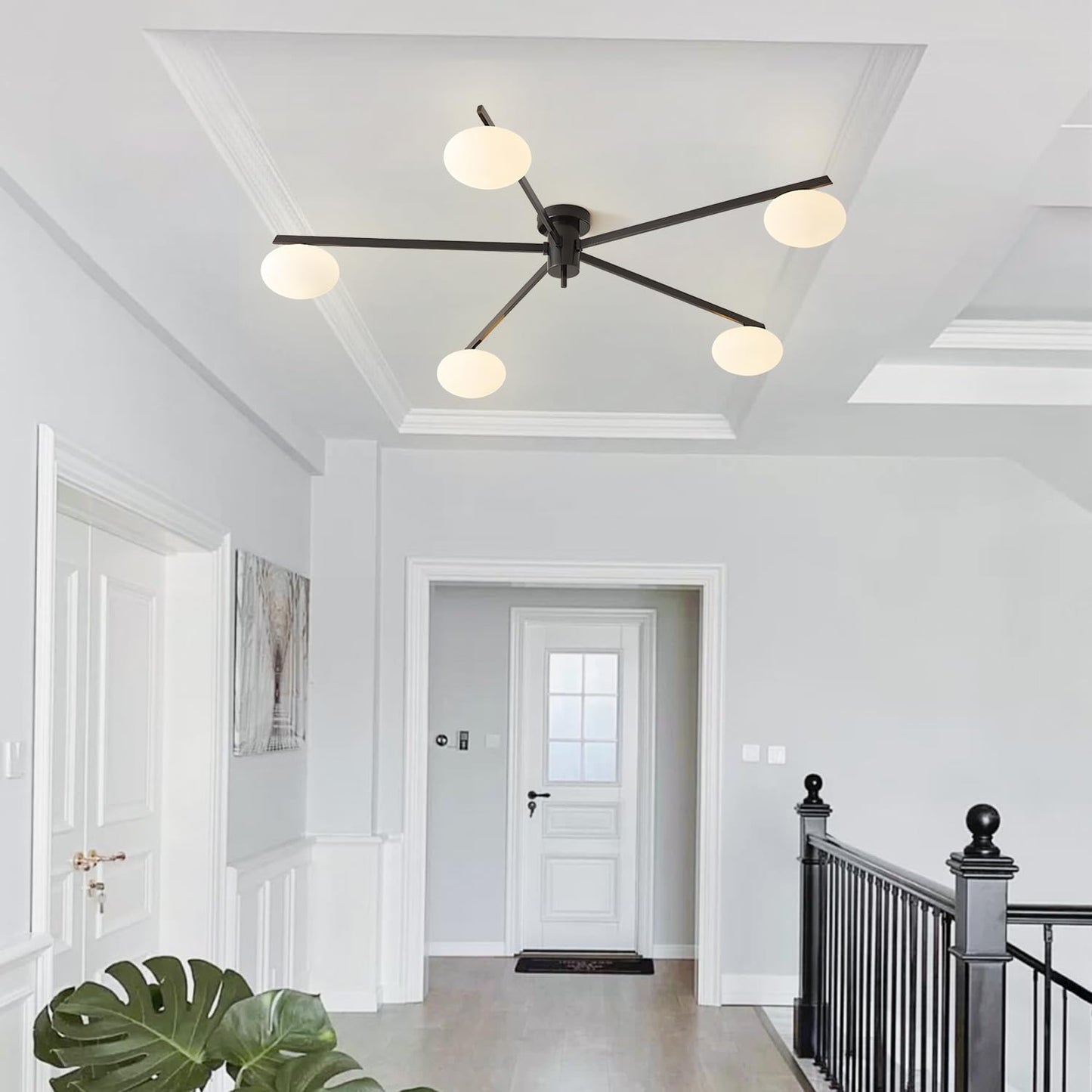 5 Lights Mid Century Modern Black Sputnik Semi Flush Mount Ceiling Light Vintage Glass Close to Ceiling Light Fixtures Industrial Metal Ceiling Chandelier Glass Globe Hall Light MCL05-BK