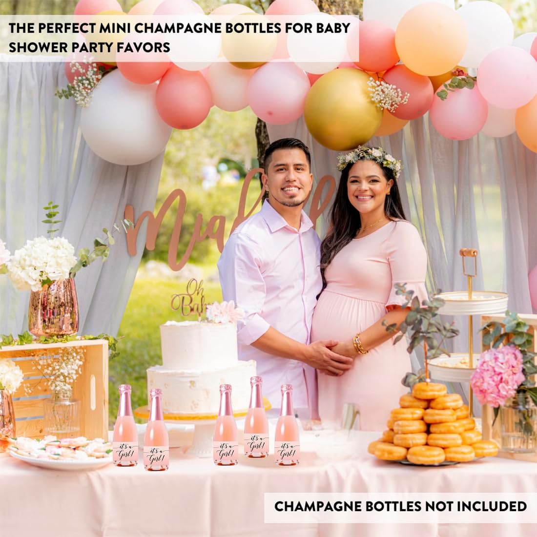 Andaz Press Blush Pink Rose Elegant Party Baby Shower Collection, Waterproof Mini Champagne Wine or Milk Bottle Labels, It's a Girl!, 20-Pack, Party Favors Decor Gift Ideas