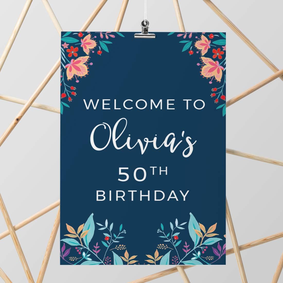 Andaz Press Personalized Extra Large Birthday Easel Board Party Sign, 12x18-inch, Vintage Bohemian Flowers on Navy Blue, Welcome to Olivia's 50th Birthday, 1-Pack, Custom Name Age