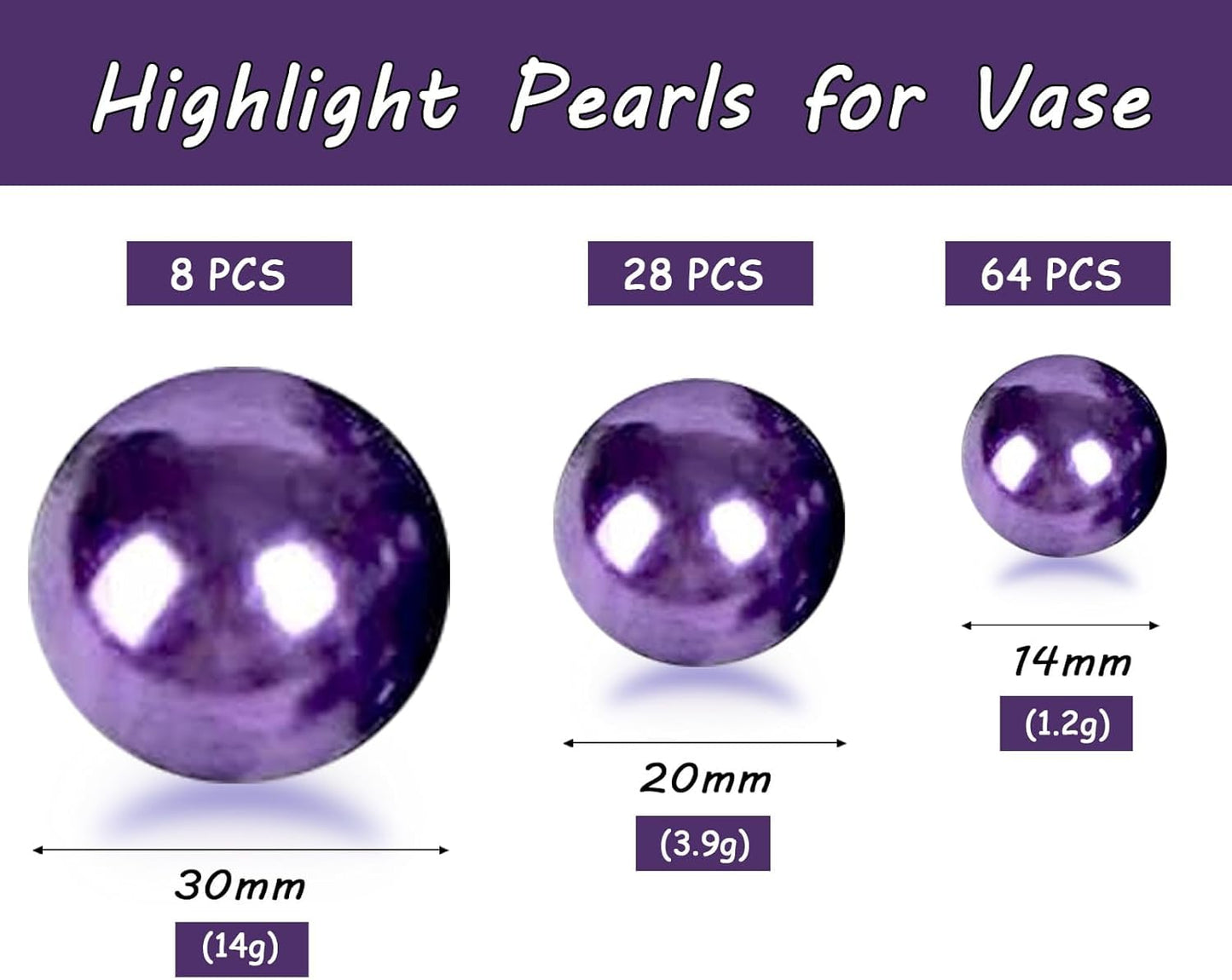 150Pcs Dark Purple Polished No Hole Faux Pearl Beads for Vase Filling Decorations, Plastic Pearls Vase Fillers, Table Scatters, Wedding Centerpiece, Home Decor, 8/14/20 mm