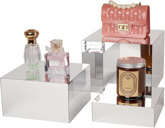 3 Pcs Acrylic Risers for Display, Acrylic Cube Box Food Display Risers Stand Shelf for Catering Dessert Collectibles Jewelry Figures Party (Silver3pc)