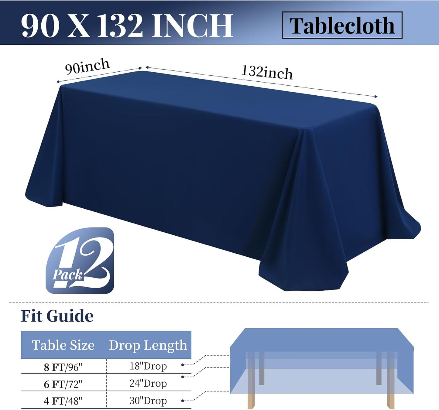 12 Packs 90 x 132 Inch Tablecloth, Navy Blue Polyester Table Cloth for 6ft Rectangle Tables, Stain and Wrinkle Resistant Washable Fabric TableCover for Wedding Banquets Parties Buffet Dining Table