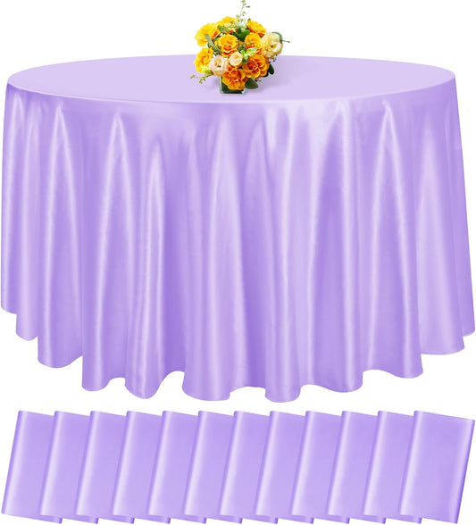 fani 12 Pack 120 Inch Lavender Satin Tablecloth - Silky Round Tablecloth Overlay Smooth Fabric Table Cover, Bright Table Decoration for Wedding Party Banquet Events Restaurant Kitchen Dining