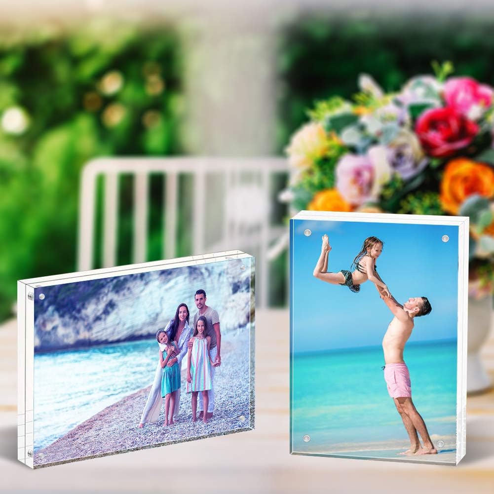 HELPLEX 5 Pack 4x6 Acrylic Picture Frames, 20mm Thicker Frameless Clear Frame Double Sided Magnetic Frame, Free Standing Desktop Display Stand Acrylic Frames