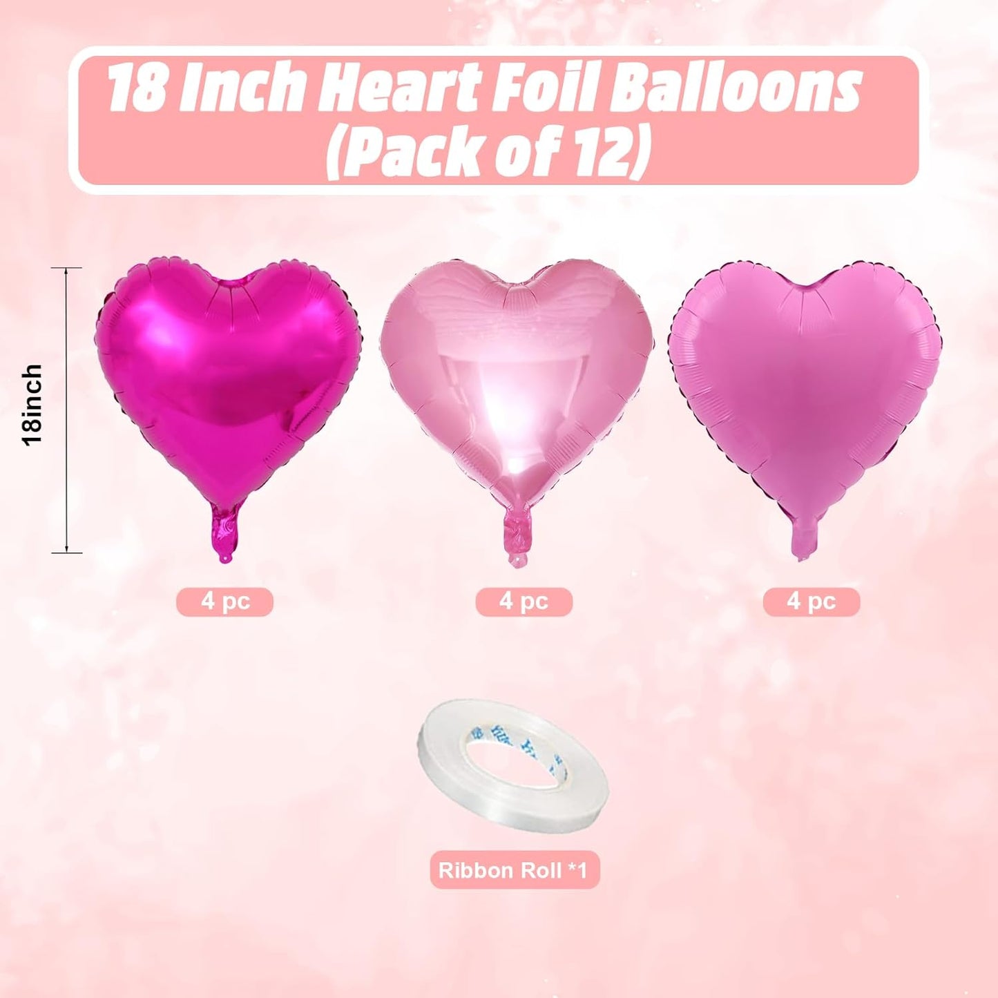 Pink Heart Balloons, 18 Inch Light Pink Heart Shape Balloons, 12PCS Rose Red and Hot Pink Helium Foil Heart Balloon for Girls Birthday Baby Shower Engagement Wedding Valentine Party Decorations