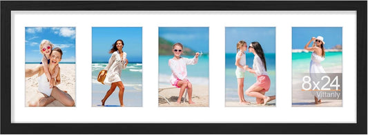 Vittanly 8x24 Collage Picture Frame, Displays 5Pcs 4x6 Pictures with Mat, Picture Frames Collage Wall Decor for Horizontal or Vertical Display, Black, 1 Pack