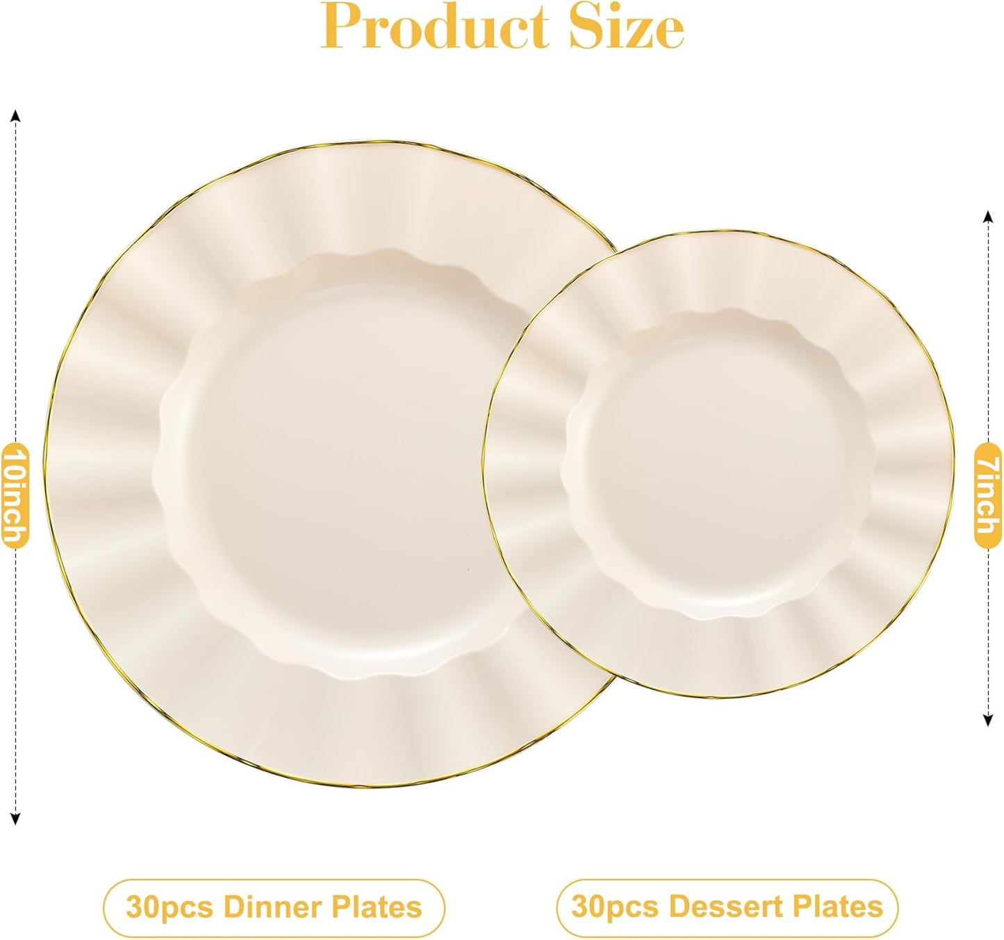 60Pcs Heavy Weight Ivory Plastic Plates with Gold Trim, Heavy Duty Wedding Plates, Elegant Disposable Plate Sets include 30 10" Dinner & 30 7" Dessert Plates for Party & Wedding(30 Guests)