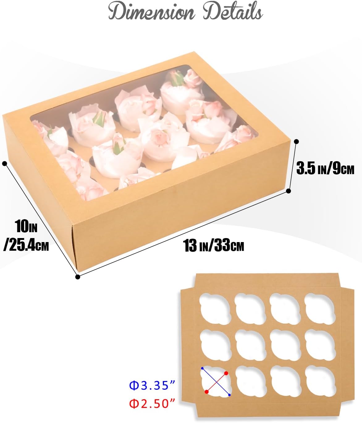 Bakepacker Auto-pop up 12 Cupcake Containers 6-Packs Brown Cupcakes Carrier, 12 Cupcake Boxes with Window 13"x10"x3.5"