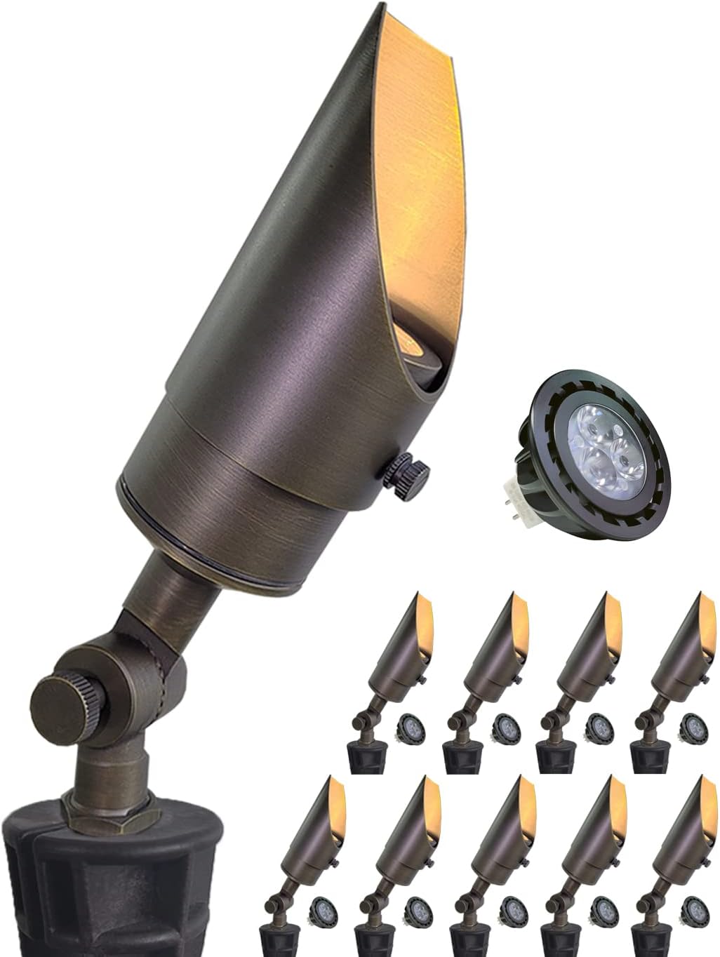 MALORY Brass Landscape Spotlight 10-Pack with MR16 Bulb Kit(S04), Low Voltage 12V AC/DC Shroud Adjustable Outside Yard Lights,PVC Ground Stake and Wire Connector Included, 5W 2700K Warm White