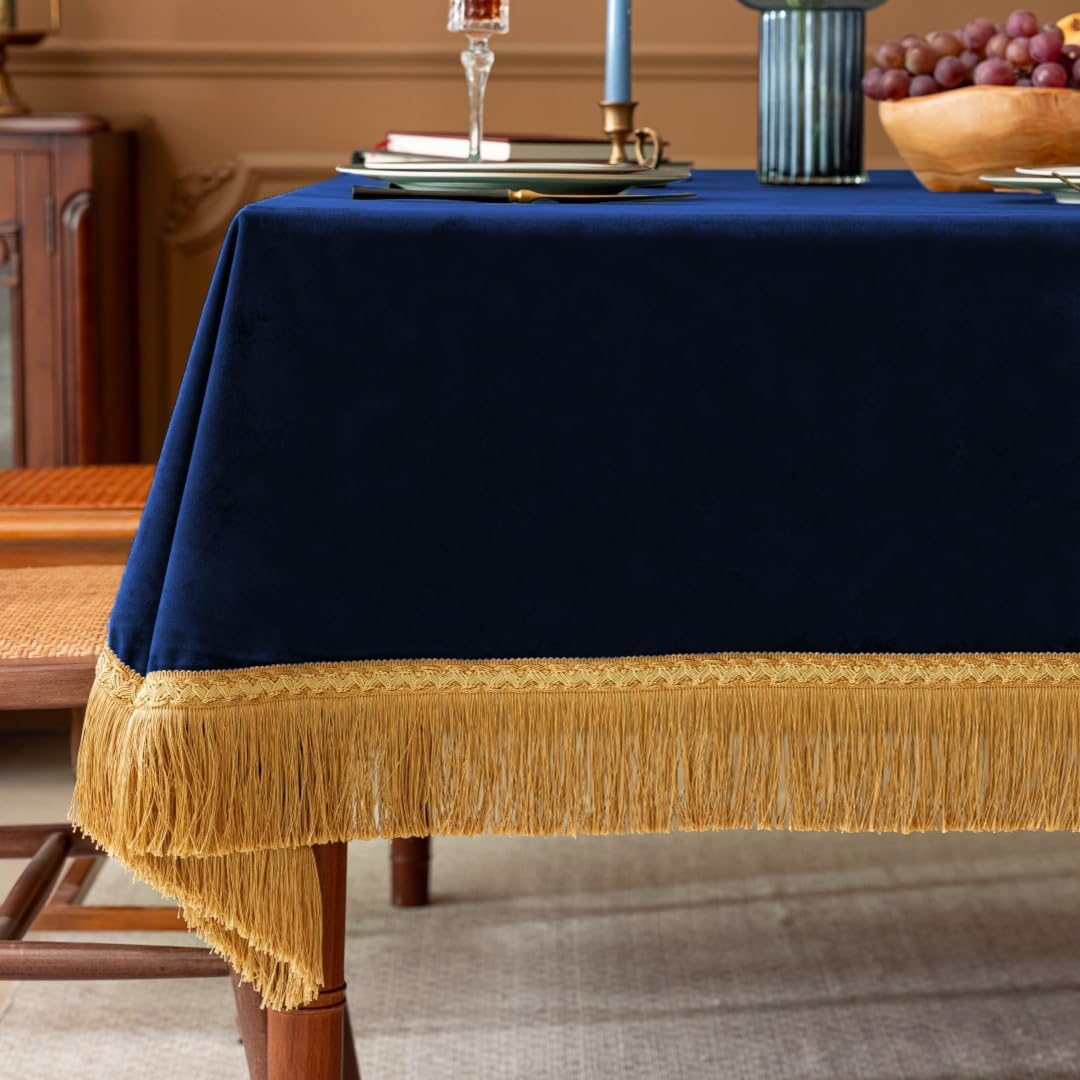 F-CHU Small Square Velvet Tablecloth with Beautiful Gold Tassels Vintage Table Cloth for Home Decor Wedding, Party, Banquet and Events 36x36-Inch，Blue