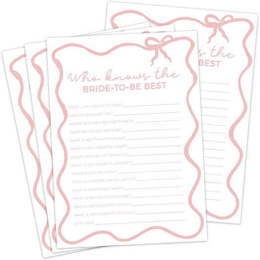DEEKA 30 PCS Bridal Shower Games Card for 30 Guests White Pink Wavy Border Ribbon Bow Funny Wedding Bachelorette Party Games for Reception (Who Knows The Bride-to-be Best)