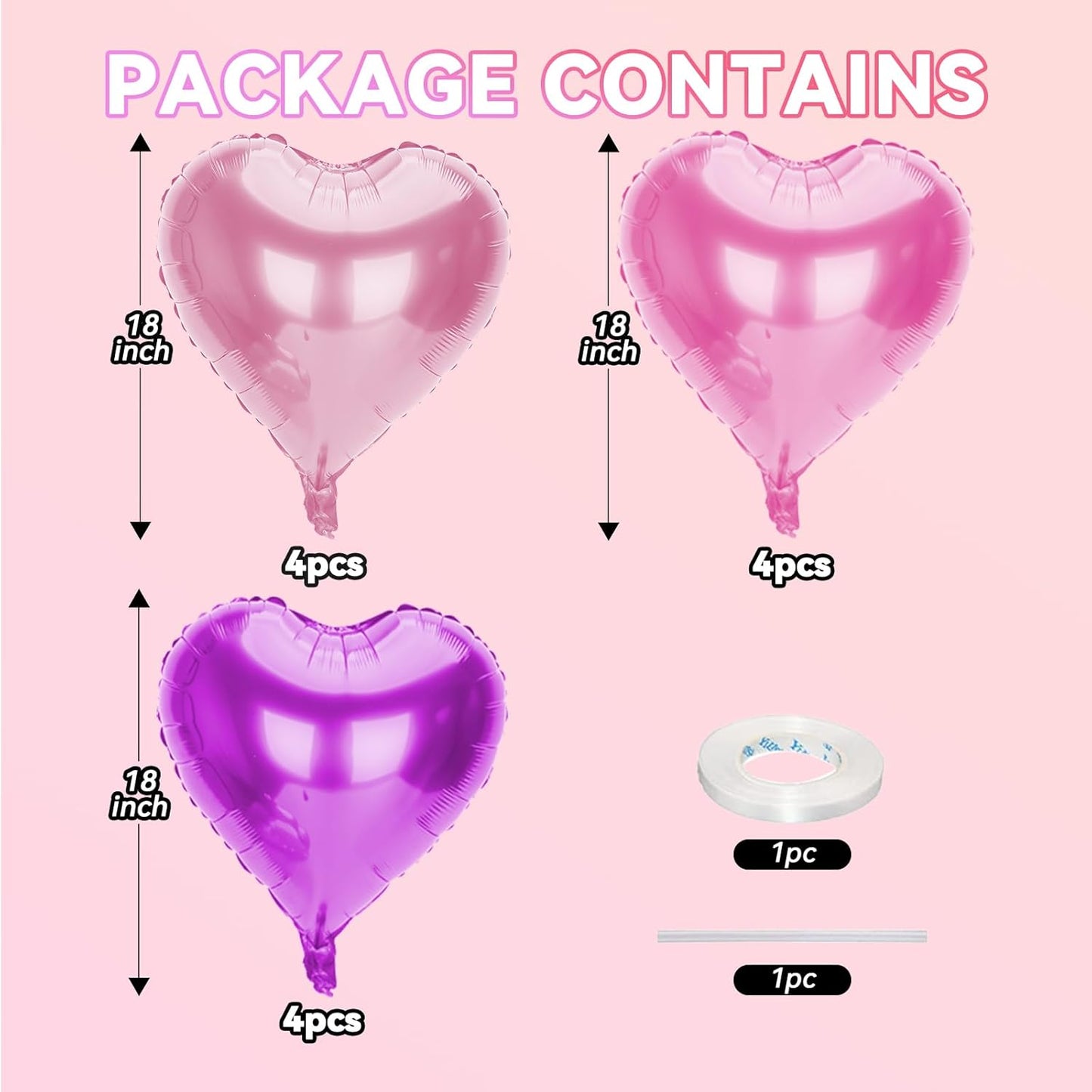 12 Pcs Heart Balloons, 18 inch Pink Heart Shaped Balloon, Big Helium Foil Hot Pink Balloons for Wedding Baby Shower Anniversary Backdrop Valentine Women Girl Party Decoration