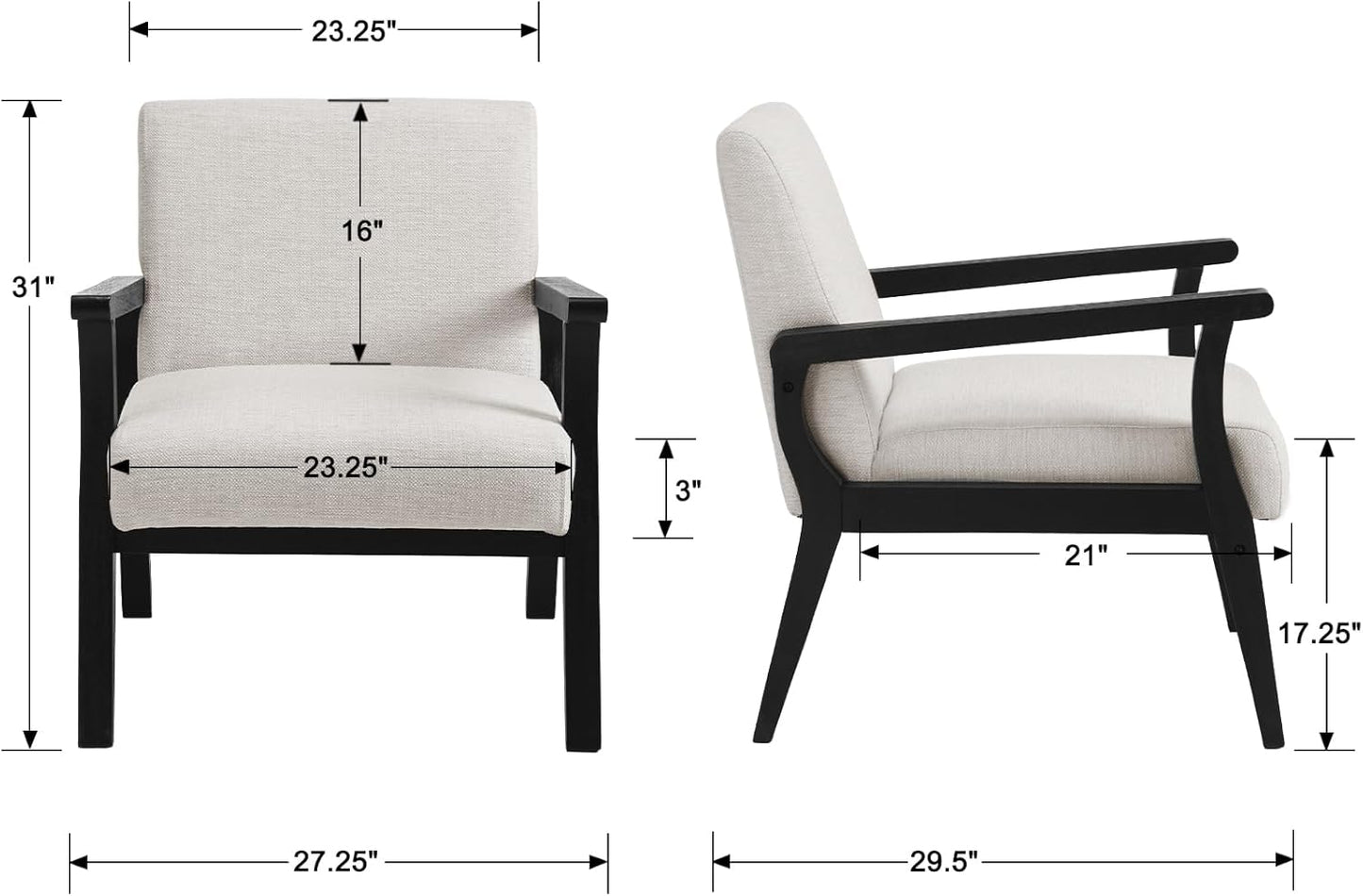 Mid Century Modern Accent Chair Set of 2, Linen Upholstered Living Room Accent Armchair with Black Wood Frame, Farmhouse Chair Indoor Corner Chair for Living Room Bedroom, Beige