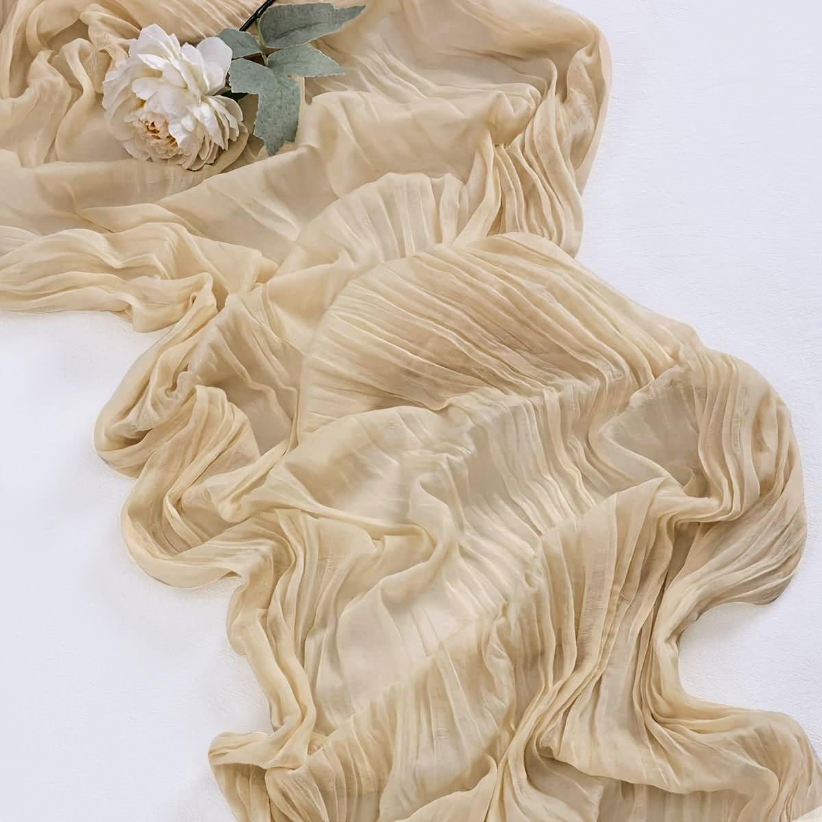 12 Pack Beige 10 Ft Cheesecloth Table Runner 20x121 Inch Boho Wrinkled Sheer Romantic Gauze Decor for Wedding, Bridal Shower, Birthday Party