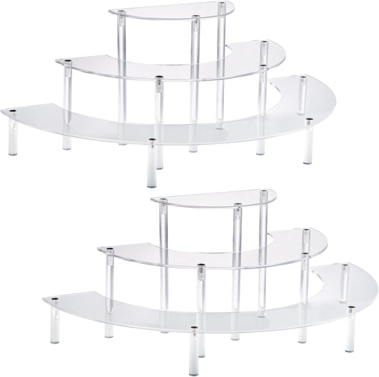 2PACKS Acrylic Display Risers, 3 Tier Clear Cupcake Stand Risers, Perfume Stand Organizer, Half Moon Dessert Stand, HENABLE Shelf Risers for Display Stands for Food, Amiibo Funko POP Figure (2half moon)