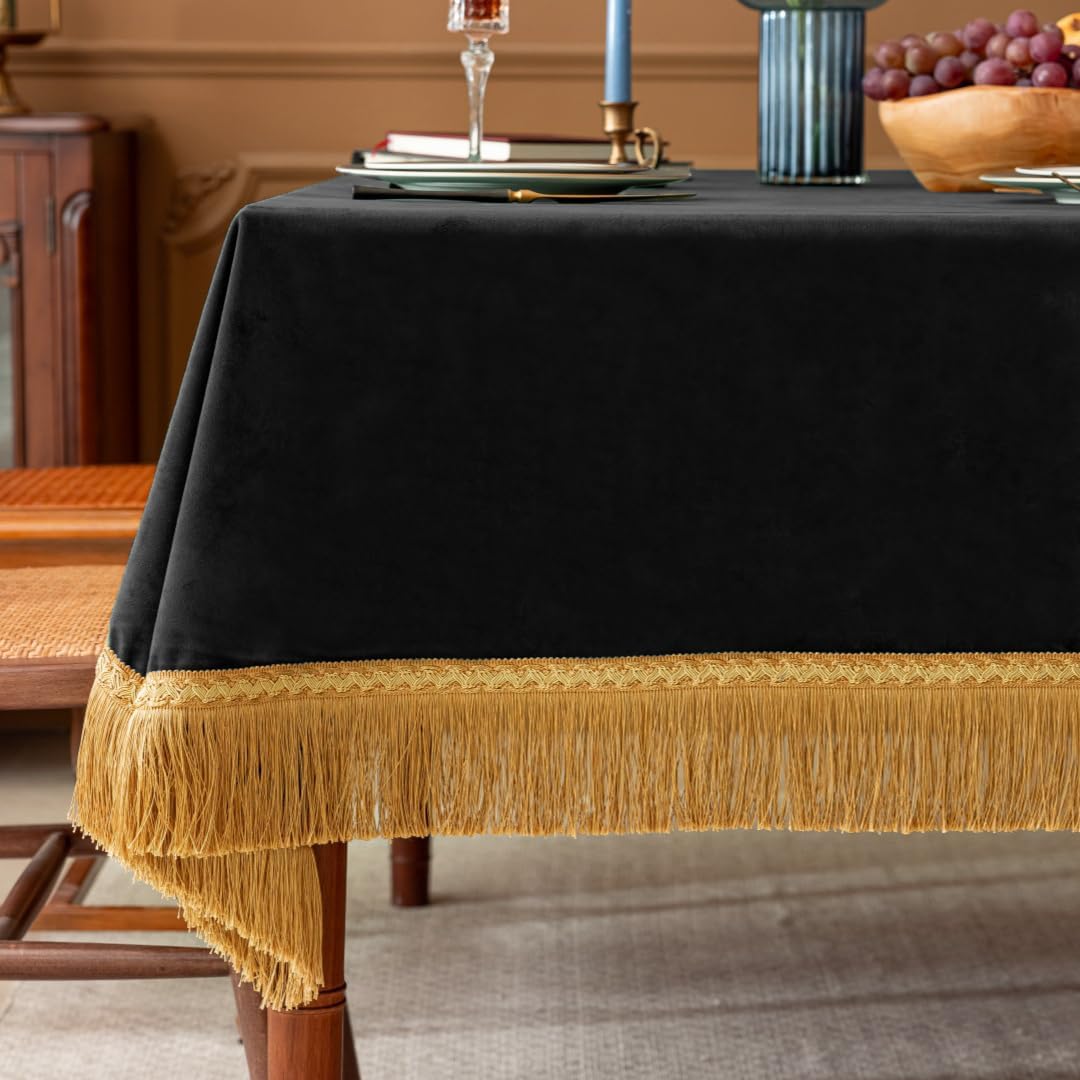 F-CHU Luxury Black Tablecloth Thickset Velvet Tablecloth with Beautiful Gold Tassels Table Cloth for Home Decor Wedding, Party, Banquet and Events 60x70-Inch