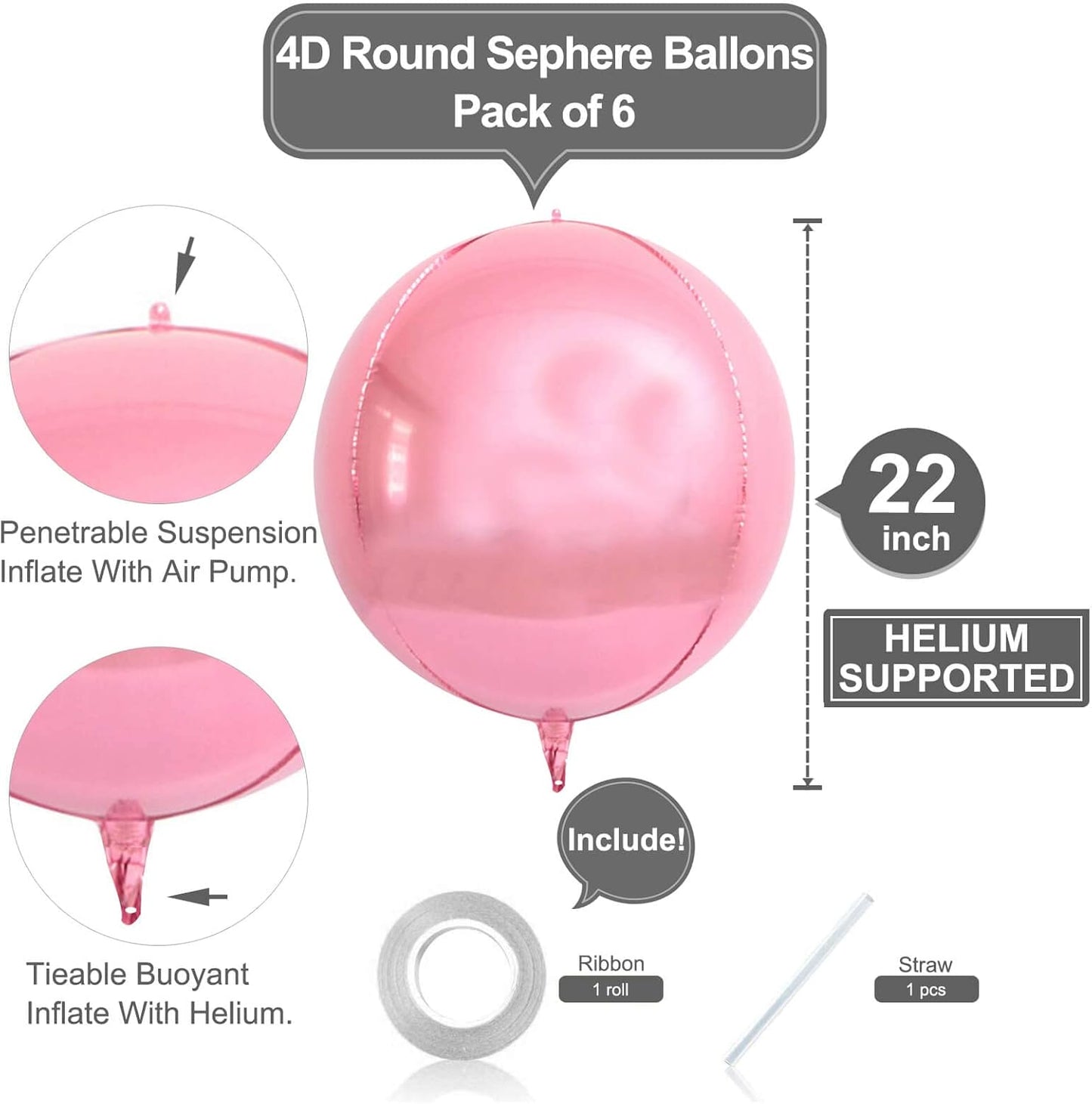 6 Pack Pearl Pink 22 Inch 4D Foil Balloons Big 360 Degree Round Sephere Mylar Balloons Mirror Finish Metallic Balloons for Wedding,Birthday,Bachelorette,Baby Shower Decorations Party Supplies
