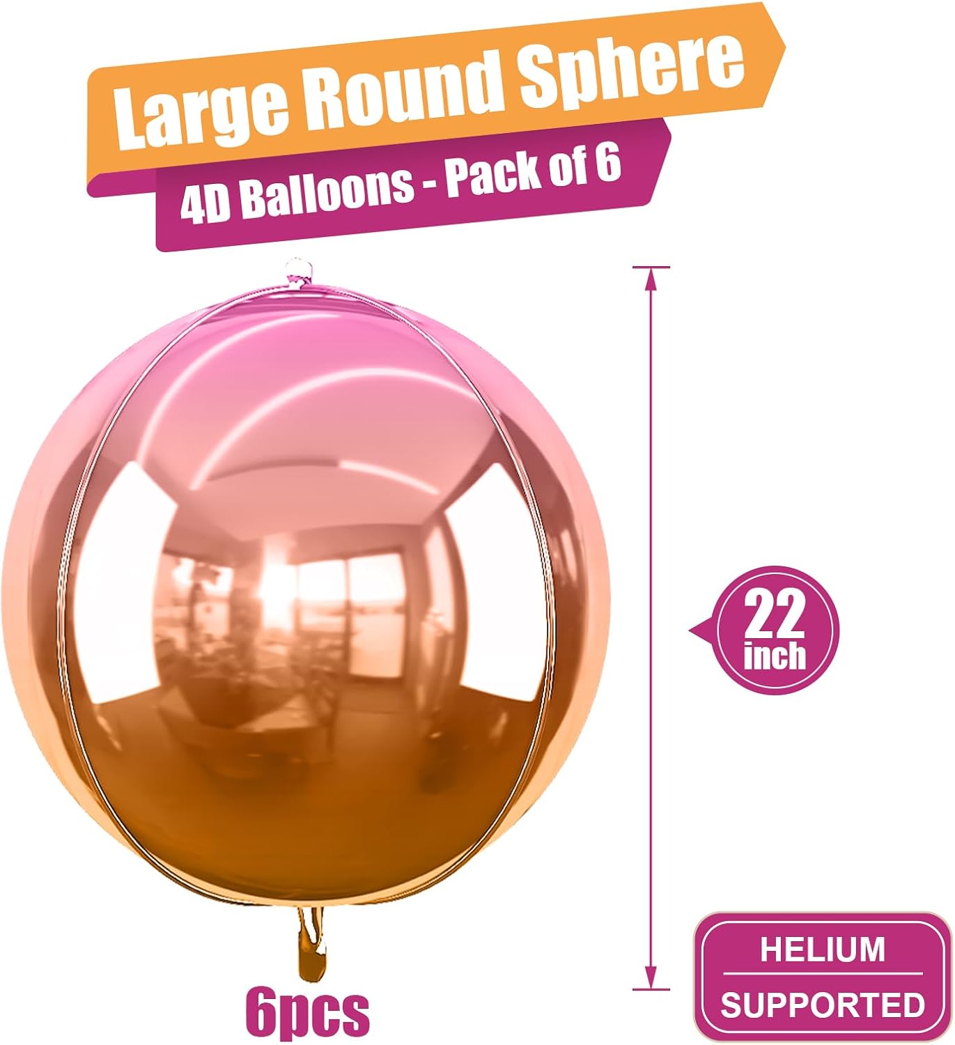 6Pcs Gradient Orange Round Foil Balloons, 22" Large Helium Ball Balloon, Metallic Orange Mylar Balloon for Birthday Graduation Wedding Halloween Disco Prom Tropical Party Decorations