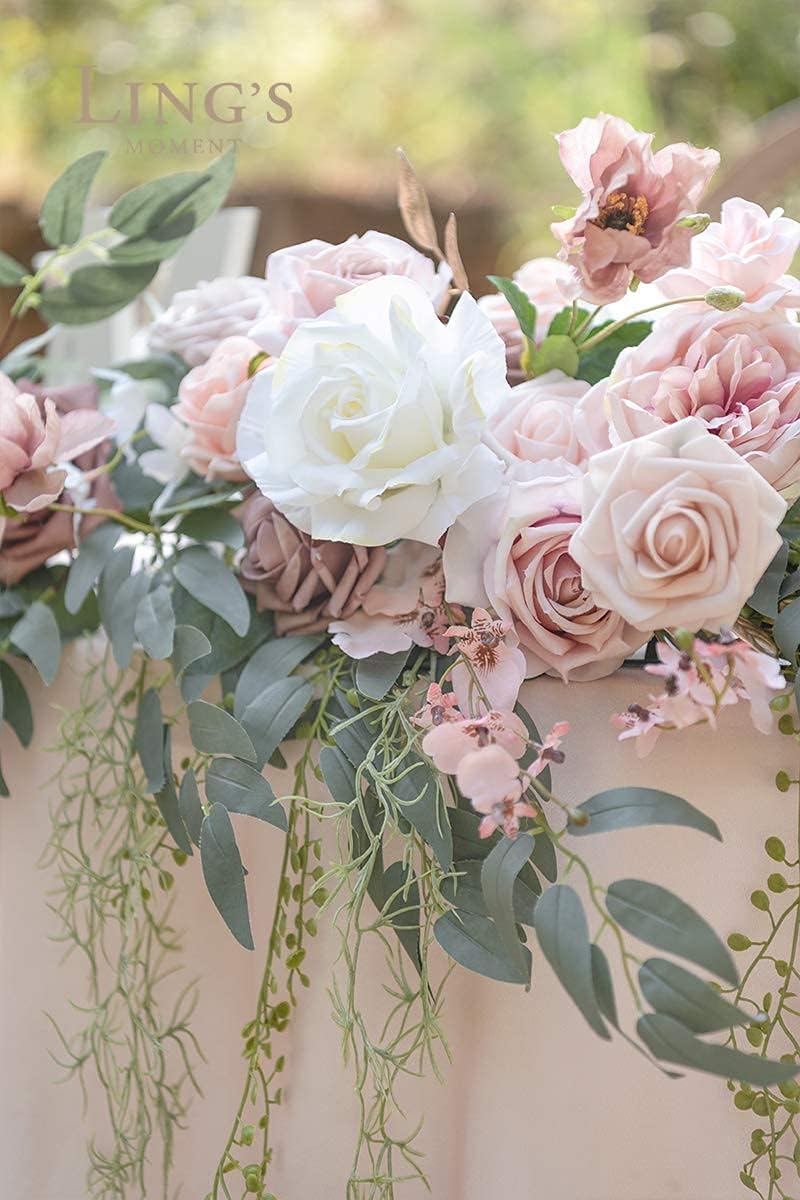 Ling's Moment 9FT Spring Flower Garland for Backdrop Decorations - Wedding Arch Flowers, Eucalyptus & Rose, Artificial Floral Garland for Mantle - Sweetheart Table Decor for Reception, Dusty Rose