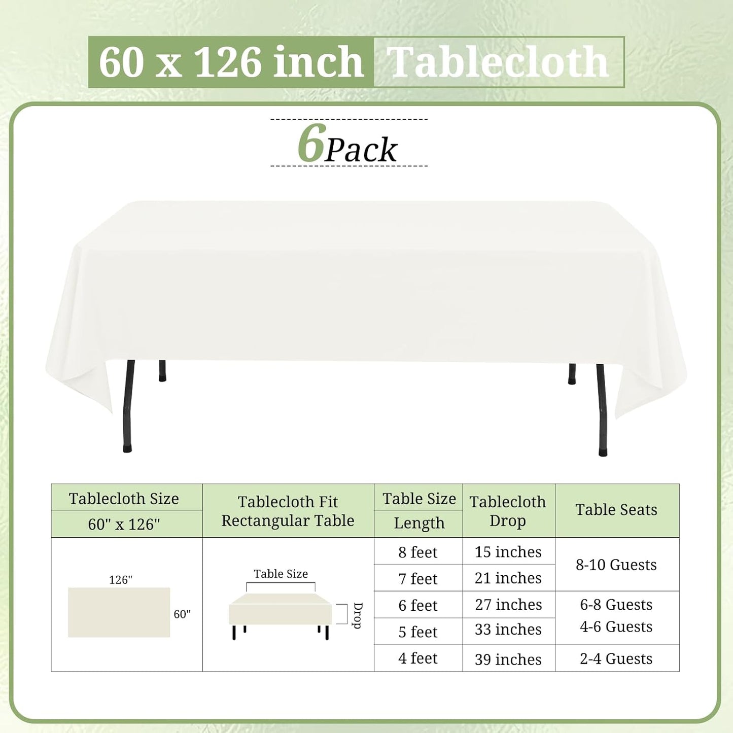 6 Pack Ivory Tablecloths for 8ft Rectangle Tables 60 x 126 Inch - Polyester Table Cover Stain and Wrinkle Resistant Washable Fabric Table Clothes for Wedding Party Banquet Reception Restaurant