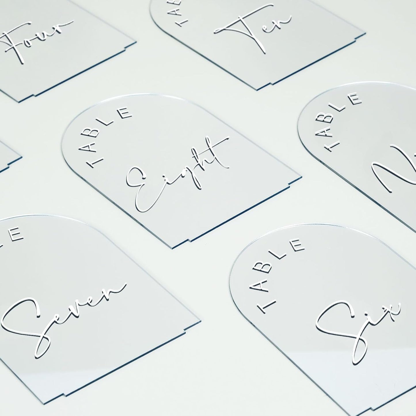 JINMURY Sliver Arch Wedding Table Numbers 1-15 with Stands, 5x7 Inch Acrylic Arch Sign with White Lettering, Sliver Mirror Acrylic Table Numbers for Wedding Reception