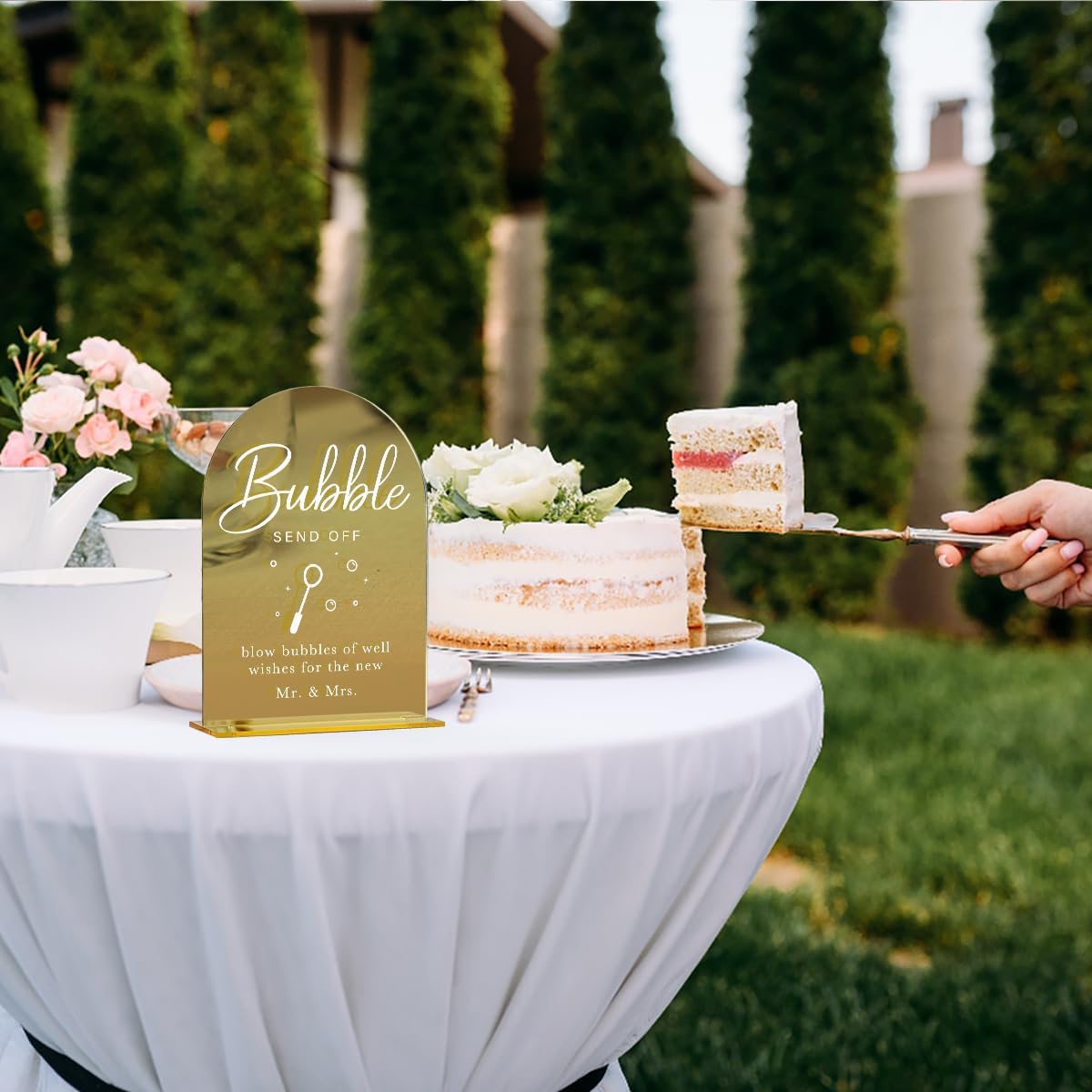 Acrylic Wedding Sign, Bridal Shower Decorations, Bubble Send Off Sign for Ceremony, Modern Font Table Signs, Gold Mirror Arched Acrylic Tabletop Signs for Wedding Reception and Event Party
