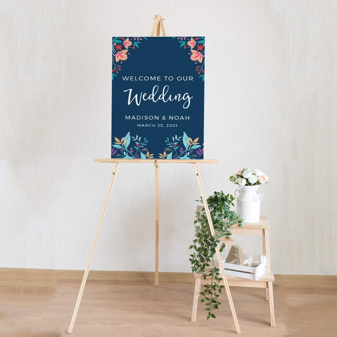Andaz Press Personalized Extra Large Wedding Easel Board Party Sign, 12x18-inch, Vintage Bohemian Flowers on Navy Blue, Welcome to Our Wedding Bride Groom Name Date, 1-Pack, Custom