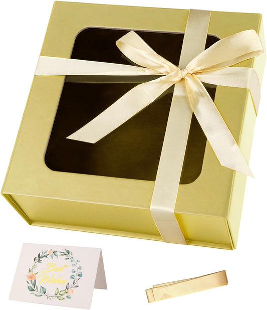 TIACABO Gold Gift Box with Window,7.5"x7.5"x3.1" Bridesmaid Boxe for Gifts Giving,Birthday Gift Boxes with Magnetic,Closure Lid Gifts Boxes for Presents,Cute Box,Luxury for Gift Packaging