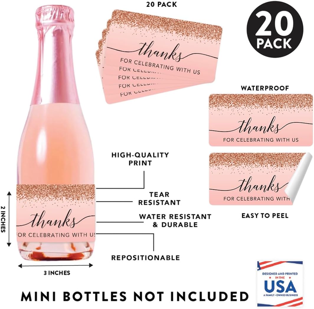 Andaz Press 20-Pack Mini Wine Labels for Bottles, Blush Pink Faux Rose Gold Glitter, Thanks for Celebrating with Us, 3x2 Inch, Glossy, 20 Count