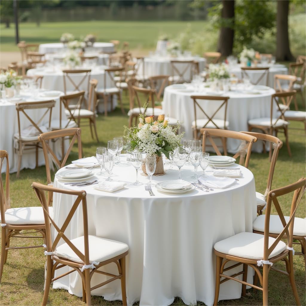 sancua Round Tablecloth - 108 Inch - Water Resistant Spill Proof Washable Polyester Table Cloth Decorative Fabric Table Cover for Dining Tables, Buffet Parties and Camping, White